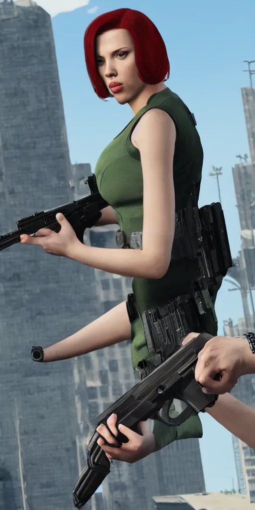 Prompt: Scarlet Johansson posing with a pistol drawn to the viewer as a GTA V character