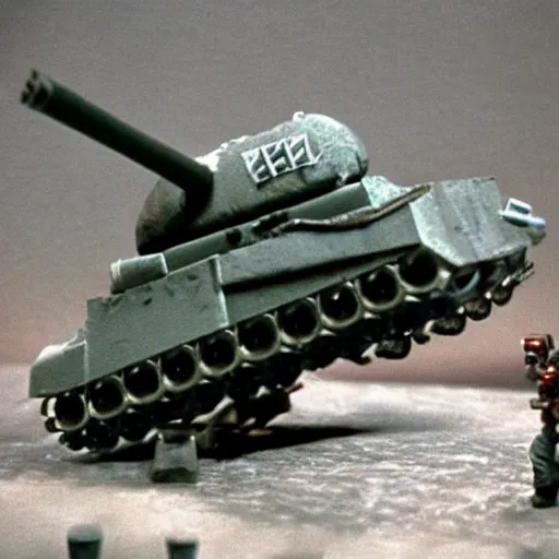 Prompt: a walking nuclear equipped tank, 1 9 8 7, stop - motion, movie still