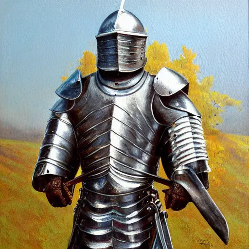 Image similar to a knight in plate armor by pavel sokov, oil painting