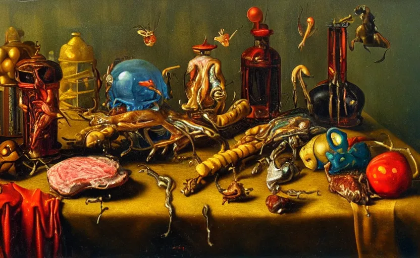 Image similar to disturbing colorful oil painting dutch golden age vanitas still life with bizarre objects strange gooey transparent surfaces shiny metal reflections bizarre mutant meat insects rachel ruysch dali todd schorr very detailed perfect composition rule of thirds masterpiece canon 5 0 mm, cinematic lighting, photography, retro, film, kodachrome