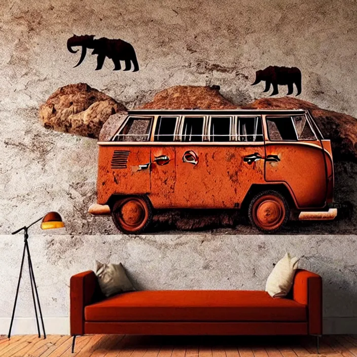 Image similar to image of ancient vw bus on the wall, mammoths and hunters, ancient prehistoric rock art in a cave style, red ocher paint