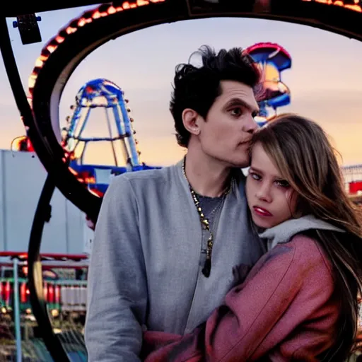 Image similar to john mayer on a ferris wheel making out with his model girlfriend in the middle of an amusement park. people have their families with them. it was the most awkward scene to ever happen to them. cinematic 8 k