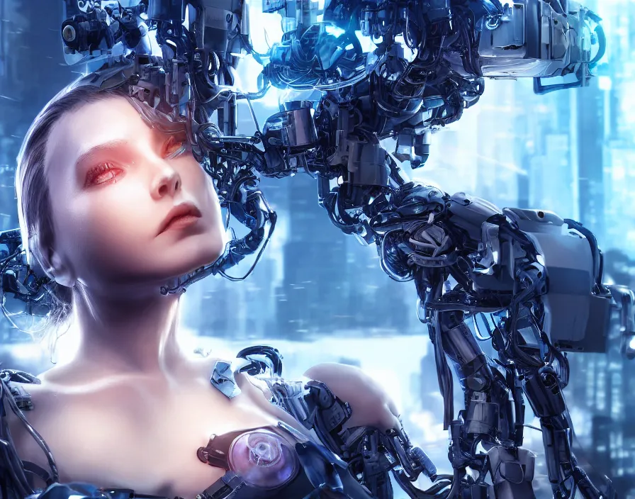 Prompt: detached head of a cyborg girl hanging from the ceiling, cyberpunk, realistic detailed mechanical parts, blue eyes, beautiful face, beautiful texture, beautiful graphics, fantasy artwork, very beautiful scenery, hd, hdr, ue 5, ue 6, unreal engine 5, cinematic 4 k wallpaper, 8 k, ultra detailed