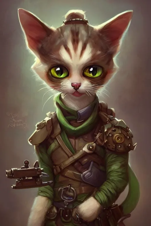 Prompt: cute little anthropomorphic Cat with big green eyes, tiny, small, short, Tank driver outfit, cute and adorable, pretty, beautiful, DnD character art portrait, matte fantasy painting, DeviantArt Artstation, by Jason Felix by Steve Argyle by Tyler Jacobson by Peter Mohrbacher, cinematic lighting