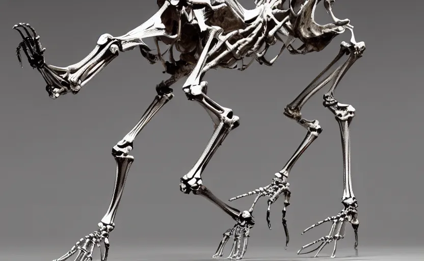 Image similar to stylized shiny polished silver statue full body extra limbs bizarre cosmic horror quadruped animal ( ( skeleton ) ) framework four legs made of marble of slug creature tendrils, perfect symmetrical body, perfect symmetrical face, hyper realistic, hyper detailed, by johannen voss, by michelangelo, octane render, blender, 8 k, displayed in pure white studio room