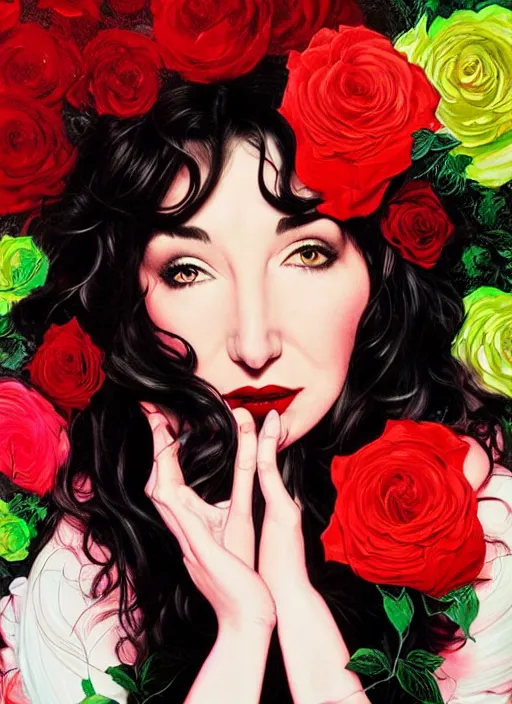 Prompt: portrait of kate bush against a neon multicolored background, lush black hair, pale skin, white and red roses, flowing material, intricate, beautiful cinematic lighting, stunning painting by artgerm, norman rockwell, android jones, wadim kashin