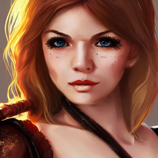 Prompt: portrait, petite female blonde rogue, thick eyeliner, seductive smile, D&D, illustration, artstation, 4k, concept art, intricate