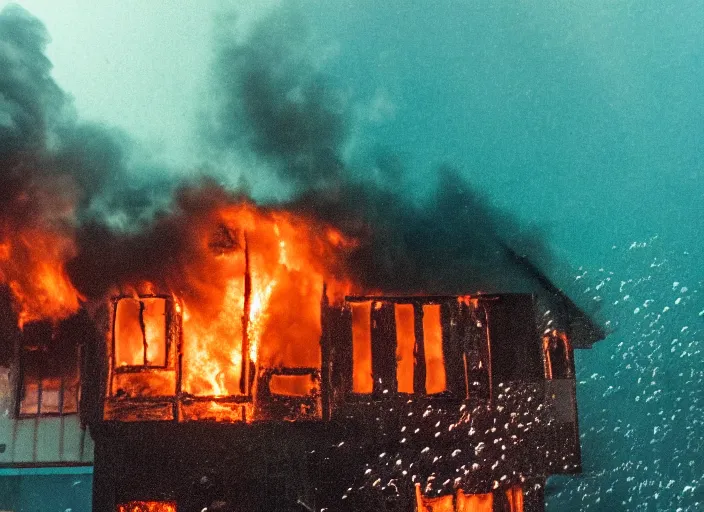 Image similar to dslr photo still of a house on fire under the water under water at the bottom of the ocean with lots of bubbles and light rays, 8 5 mm f 1. 8