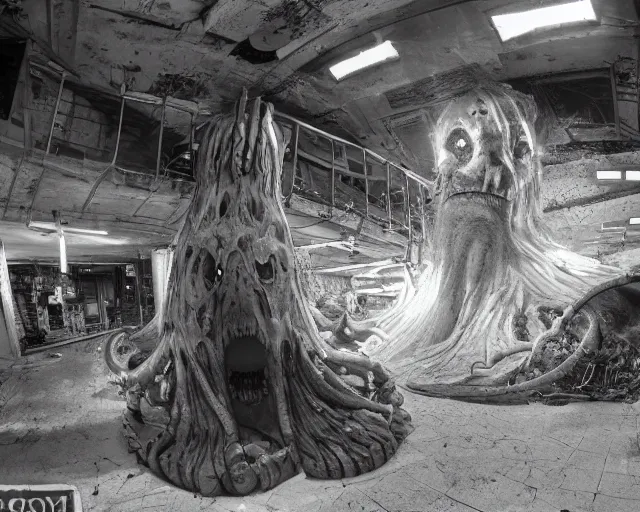 Prompt: camera footage of a extremely aggressive Giant mutated Octopus with glowing white eyes, Human Features, Teeth, in an abandoned shopping mall, Psychic Mind flayer, Terrifying, Silhouette :7 , high exposure, dark, monochrome, camera, grainy, CCTV, security camera footage, timestamp, zoomed in, Feral, fish-eye lens, Fast, Radiation Mutated, Nightmare Fuel, Wolf, Evil, Bite, Motion Blur, horrifying, lunging at camera :4 bloody dead body, blood on floors, windows and walls :5