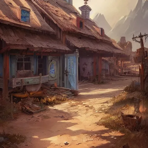 Image similar to smurf village as a ghost town, greg rutkowski, detailed,