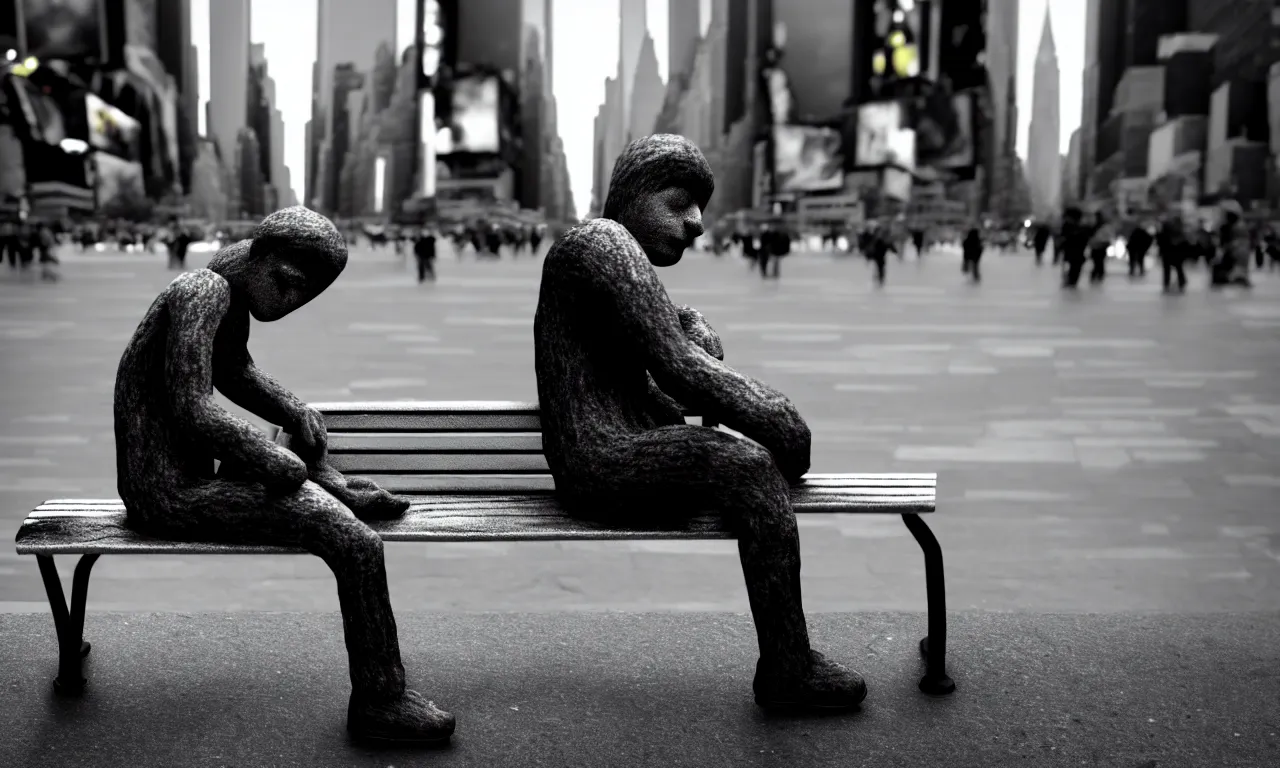 Prompt: johny silverhand sitting on a bench in the new york city with a sad face, photorealistic, ultrarealistic landscape photography, 8 k