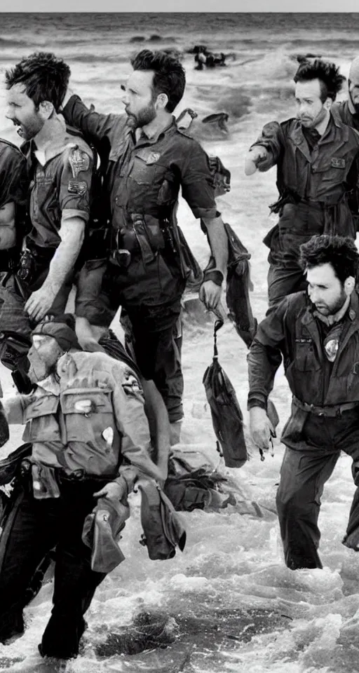 Prompt: charlie day, rob mcelhenney, glenn howerton, kaitlin olson, and danny devito are storming the beaches of normandy, 1 9 4 5, black and white, horrorscape