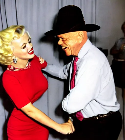 Prompt: Don Rickles hugging marlin monroe, color photo,