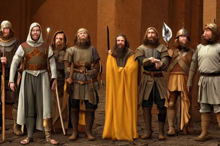 Image similar to A group of medieval high fantasy adventurers lined up for a portrait, Screenshot of Wes Anderson's New RPG Movie, Photo realistic, Regal, Formal, Symmetrical, Satisfying, Dynamic lighting, Highly Detailed, Cinematic Lighting, 8k, HD