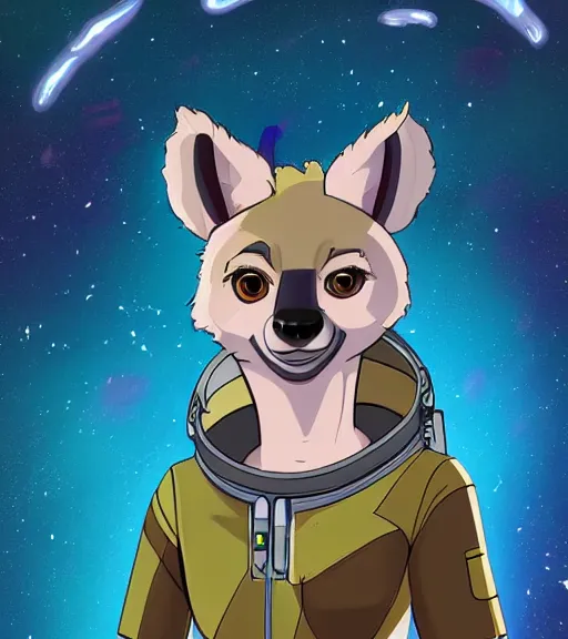 Prompt: digital detailed art of furry female hyena, in style of zootopia, fursona, furry, furaffinity, deviantart, wearing astronaut outfit, floating in space, space background, cyberpunk, detailed face, style of artgerm,