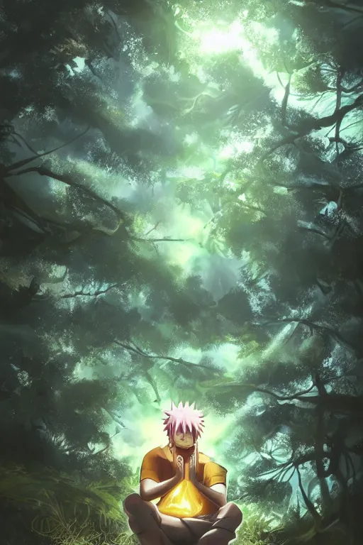 Image similar to photorealistic dark fantasy concept art of Naruto meditating in a forest, dynamic lighting, stunning visuals, realism, cinematic, hyper detailed, ultra detailed, beautiful visuals and sunset