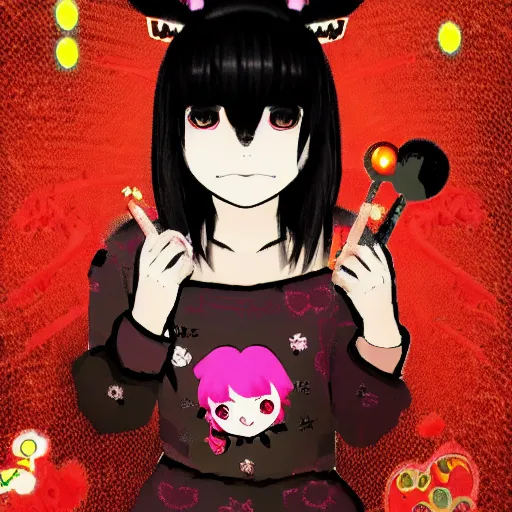 Image similar to photo of a emo manic pixie dream girl, 8k, portrait | sanrio glitchcore yokai girl, shadowverse character concept, found footage horror, glitter gif