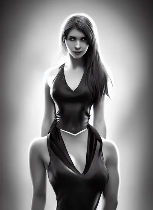 Image similar to full body portrait of a beautiful young woman in black and white, photorealistic, hair down to waist, sharp focus, in the style of Kevin Kostic, Stephen Lau and artgerm, hyper sharp focus, 8k highly detailed