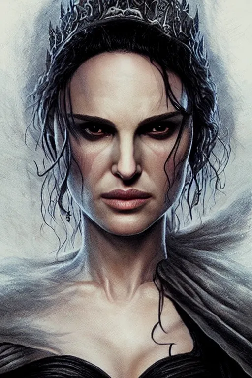 Prompt: natalie portman, evil witch, lord of the rings, tattoos, decorative ornaments, greg rutkowski, perfect face, fine details, realistic shading, photorealism