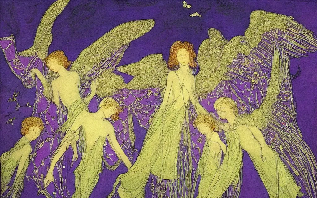 Prompt: vision of angels - a painting of a single angel flying in the sky, with a group of angels flying behind it by harry clarke and jane graverol, style of lilac