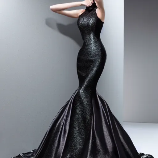 Prompt: avant garde mermaid dress design with solid dark background