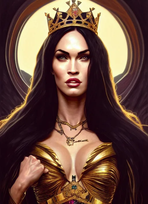 Prompt: portrait of megan fox as a queen, throne, jewelry, greek, black, intricate, headshot, highly detailed, digital painting, artstation, concept art, sharp focus, cinematic lighting, illustration, art by artgerm and greg rutkowski, alphonse mucha, cgsociety