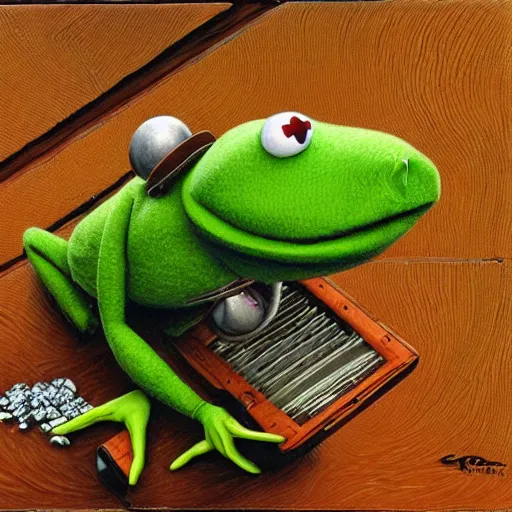 Prompt: kermit the frog shooting heroin by Peter Gric,