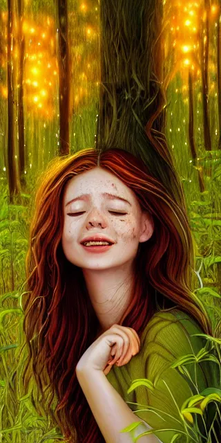 Image similar to infp young woman, smiling amazed, golden fireflies lights, sitting in the midst of nature fully covered, long loose red hair, intricate linework, bright accurate green eyes, small nose with freckles, oval shape face, realistic, expressive emotions, dramatic lights spiritual scene, hyper realistic ultrafine art by michael cheval, jessica rossier, boris vallejo