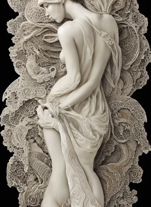 Image similar to opalescent marble sculpture of beautiful woman, mandelbulb, ivory carving, fractal paisley inlay, lace, intricate, lace, elegant, highly detailed, artgerm, lace, by ruan jia and greg rutkowski