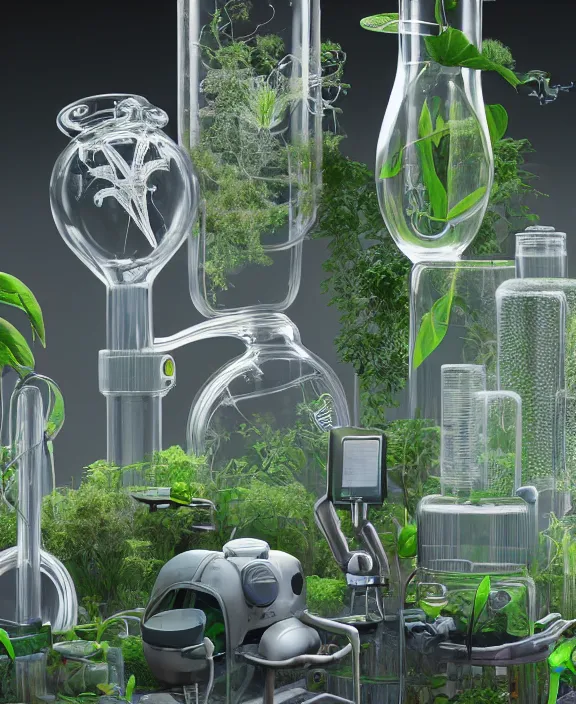 Image similar to intricate transparent clear see - through image of medical equipment, lush botany, floral environment, ultra realistic, concept art, pop art, photorealistic, octane render, 8 k, unreal engine. art by nori inoguchi and sam kaplan and zachary goulko and christopher marley