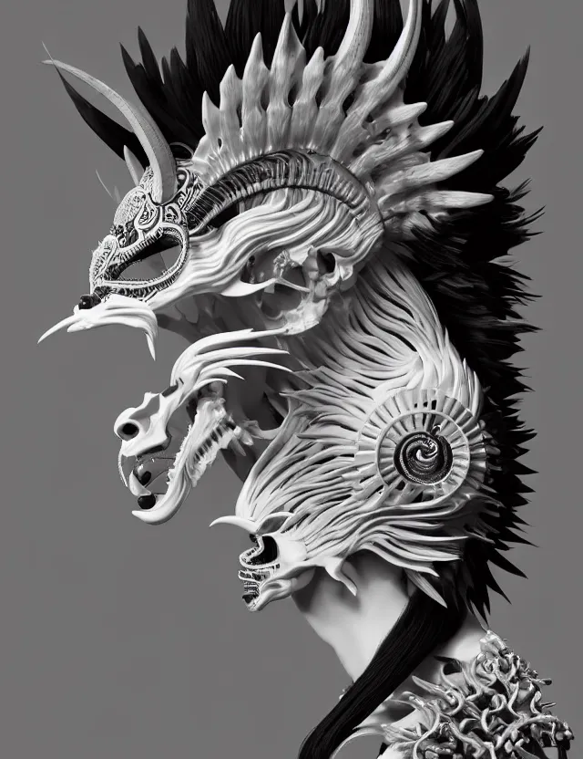 Image similar to 3 d goddess close - up profile simple portrait punk with mohawk with goat skull. beautiful intricately detailed japanese crow kitsune mask and clasical japanese kimono. betta fish, jellyfish phoenix, bio luminescent, plasma, ice, water, wind, creature, artwork by tooth wu and wlop and beeple and greg rutkowski