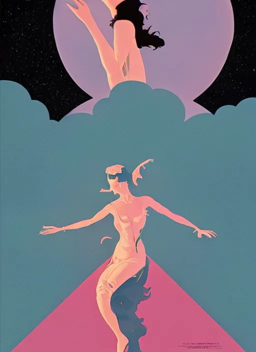 Prompt: poster artwork by michael whelan and tomer hanuka, portrait of beautiful sensual dancer in the clouds of jupiter, clean, art deco