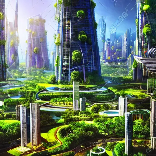 Prompt: a futuristic green utopian city, abundance, life, beauty, trees, movie still