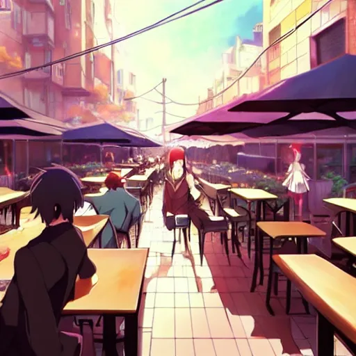 Image similar to makoto shinkai anime art, crowded cafe, typing on laptop, touhou project