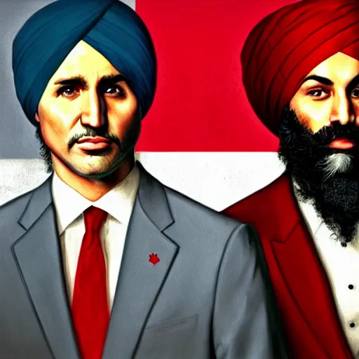 Image similar to Justin Trudeau and Jagmeet Singh in the american gothic painting, concept art, sharp focus, highly detailed digital painting by Grant Wood, artstation