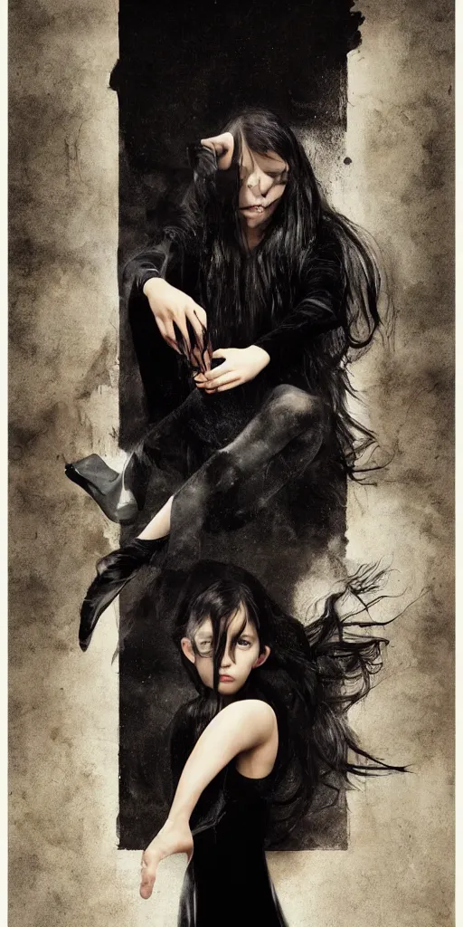 Image similar to character poster of young girl with straight long black hair wearing black dress sitting in bathroom floor, poster by artgem, greg rutkowski and mario testino