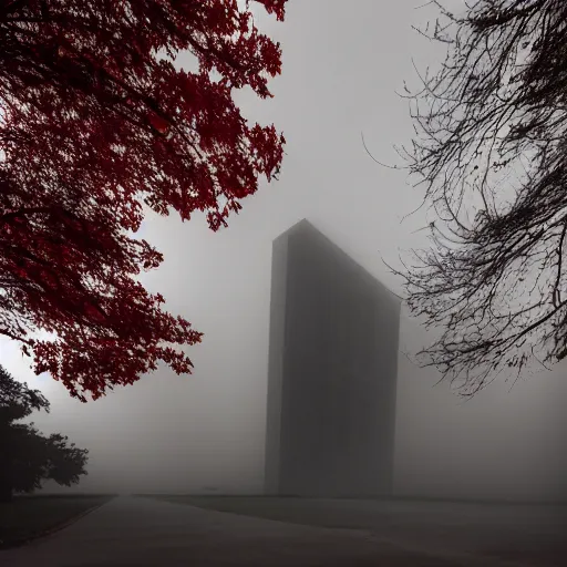 Prompt: ominous brutalism building, creepy red fog, nighttime. dramatic lighting,