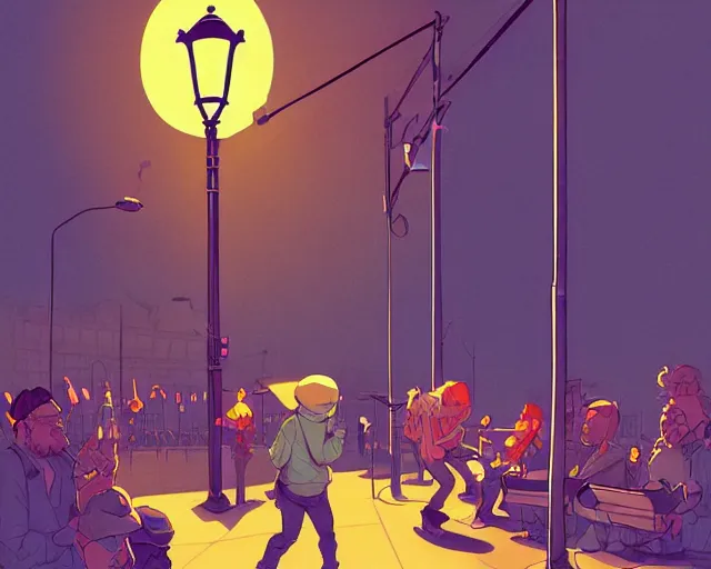 Image similar to a study of cell shaded cartoon of the concert of a music band playing music, street lamps, road, illustration, wide shot, subtle colors, post grunge, concept art by josan gonzales and wlop, by james jean, Victo ngai, David Rubín, Mike Mignola, Laurie Greasley, highly detailed, sharp focus, Trending on Artstation, HQ, deviantart, art by artgem