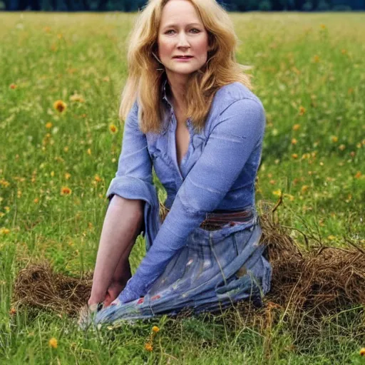 Prompt: A beautiful full body painting of Laura Linney in a field.