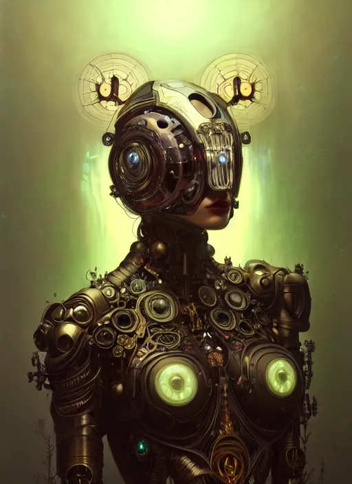 Image similar to organic cyborg, neon bear mask, diffuse lighting, fantasy, intricate, elegant, highly detailed, lifelike, photorealistic, digital painting, artstation, illustration, concept art, smooth, sharp focus, art by John Collier and Albert Aublet and Krenz Cushart and Artem Demura and Alphonse Mucha