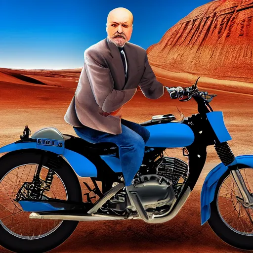 Image similar to a photo of vladimir lenin riding a motorbike, desert road, blue skies, hyper realistic, 4 k