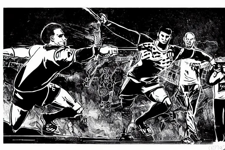 Image similar to cristiano ronaldo taking a penalty shot, a page from cyberpunk 2 0 2 0, style of paolo parente, style of mike jackson, adam smasher, johnny silverhand, 1 9 9 0 s comic book style, white background, ink drawing, black and white