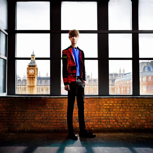 Prompt: un ultra high definition fashion editorial photographic portrait of a young man standing in their unique london art studio wearing all eclectic clothes watching the sun rising through large window. wide angle. three point light. extremely detailed. golden hour, golden ratio, ray tracing, volumetric light, shallow depth of field.