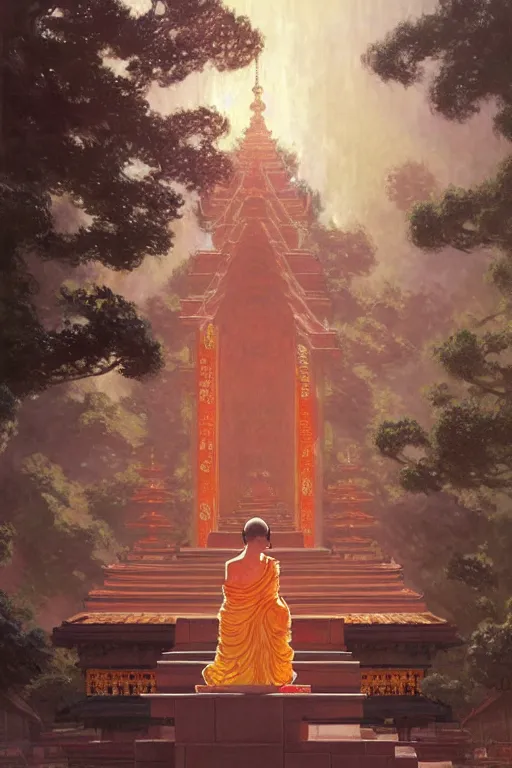 Image similar to temple, buddhism, painting by greg rutkowski, artgerm, claude monet, j. c. leyendecker