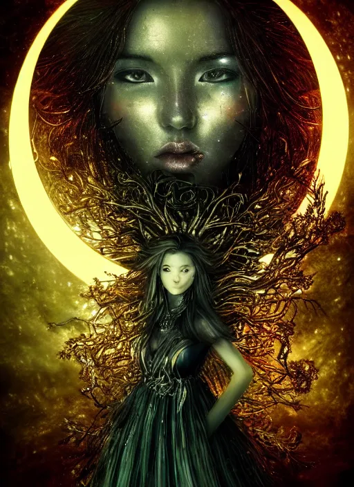 Image similar to glowing silver and golden elements, portrait, A beautiful dark witch in front of the full big moon, book cover, green forest, red white black colors, establishing shot, extremly high detail, foto realistic, cinematic lighting, pen and ink, intricate line drawings, by Yoshitaka Amano, Ruan Jia, Kentaro Miura, Artgerm, post processed, concept art, artstation, matte painting, style by eddie, raphael lacoste, alex ross