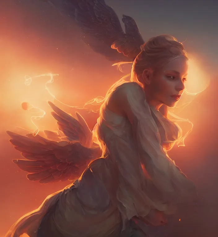 Image similar to centered waist up portrait photography an angel + glowing outlines, dissolve to energy particles of light + bokeh + strong DOF + 8k, photorealistic + composition by Peter Mohrbacher + line work by Dan Mumford , ultra realistic + backlit + strong rimlight, sunset + HDRI, HD, Photoreal