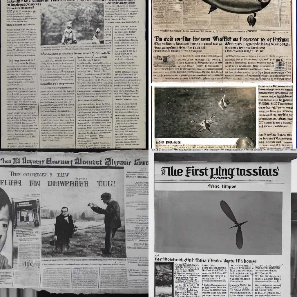 Prompt: the first flying walnut, newspaper article with photos