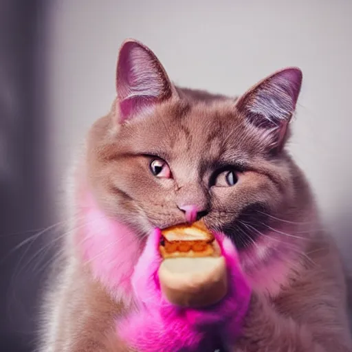 Image similar to photo of a pink cat with pink fur, eating a hamburger, biting a hamburger-C 12