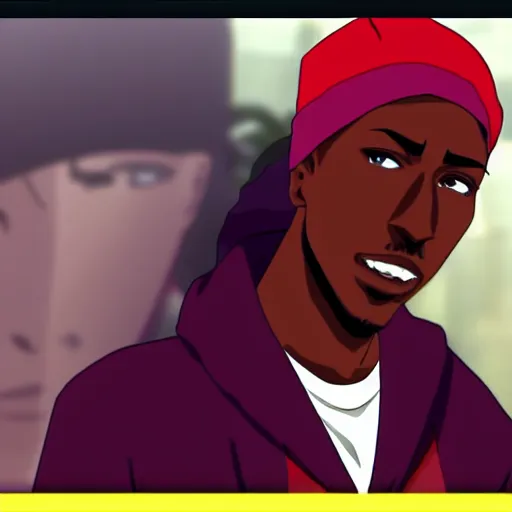 Image similar to Tupac Shakur, screenshot from a 2012s anime