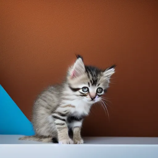 Image similar to a small kitten sitting on top of the table, award winning photography, HDR, natural lighting, , medium close shot, shot on Canon EOS R5, f/2.5,